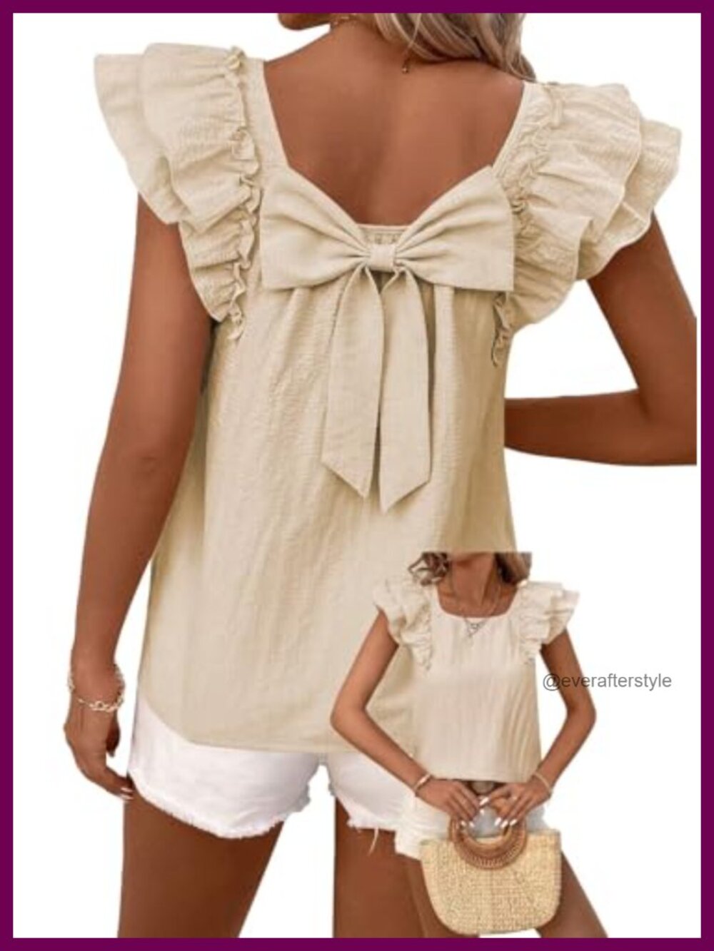Womens Bow Tie Back Babydoll Top Ruffle Short Sleeve Vneck Blouse